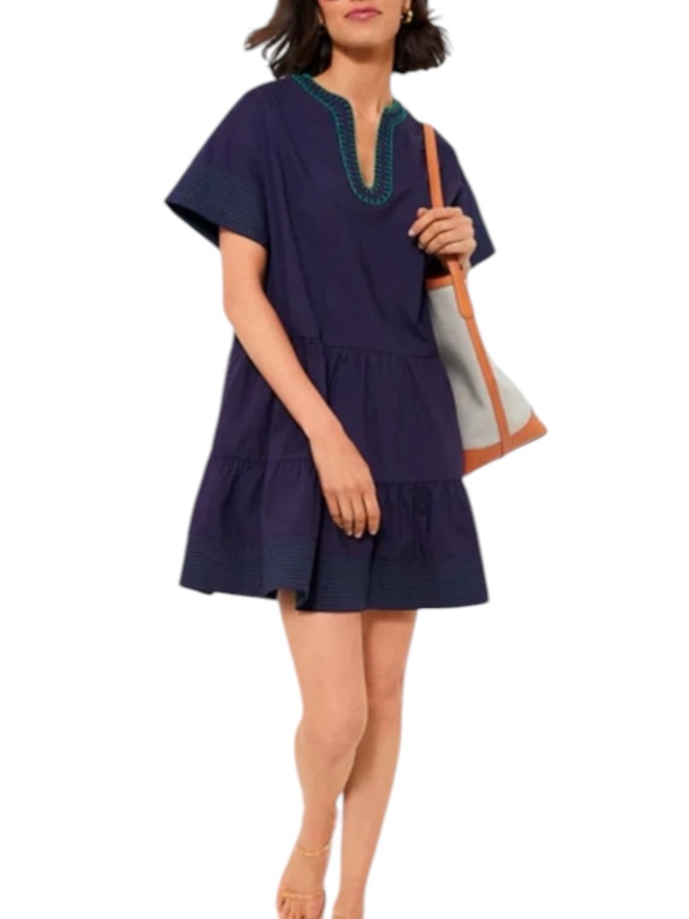 Tuckernuck Pomander Place Navy Kinsley Tiered Dress Green Trim Short Sleeve L